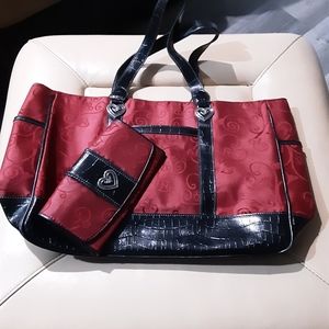 Coldwater Creek nice tote bag two tone burgundy and black with matching wallet.